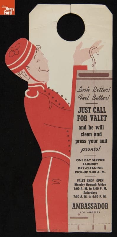 Sign, "Look Better! Feel Better! Just Call for the Valet...," 1950-1959