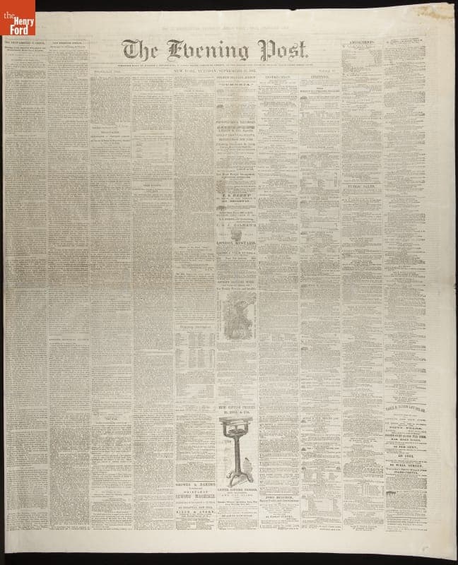 New York Evening Post Newspaper for September 23, 1862, "Emancipation Proclamation of President Lincoln"