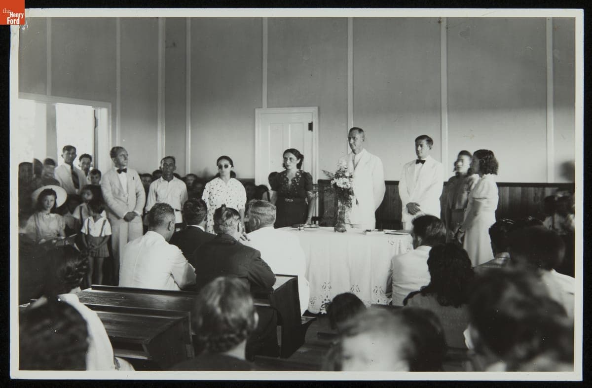 Mrs. Braga, Principal, with Others at School Dedication Ceremony, Belterra, Brazil, July 4, 1942