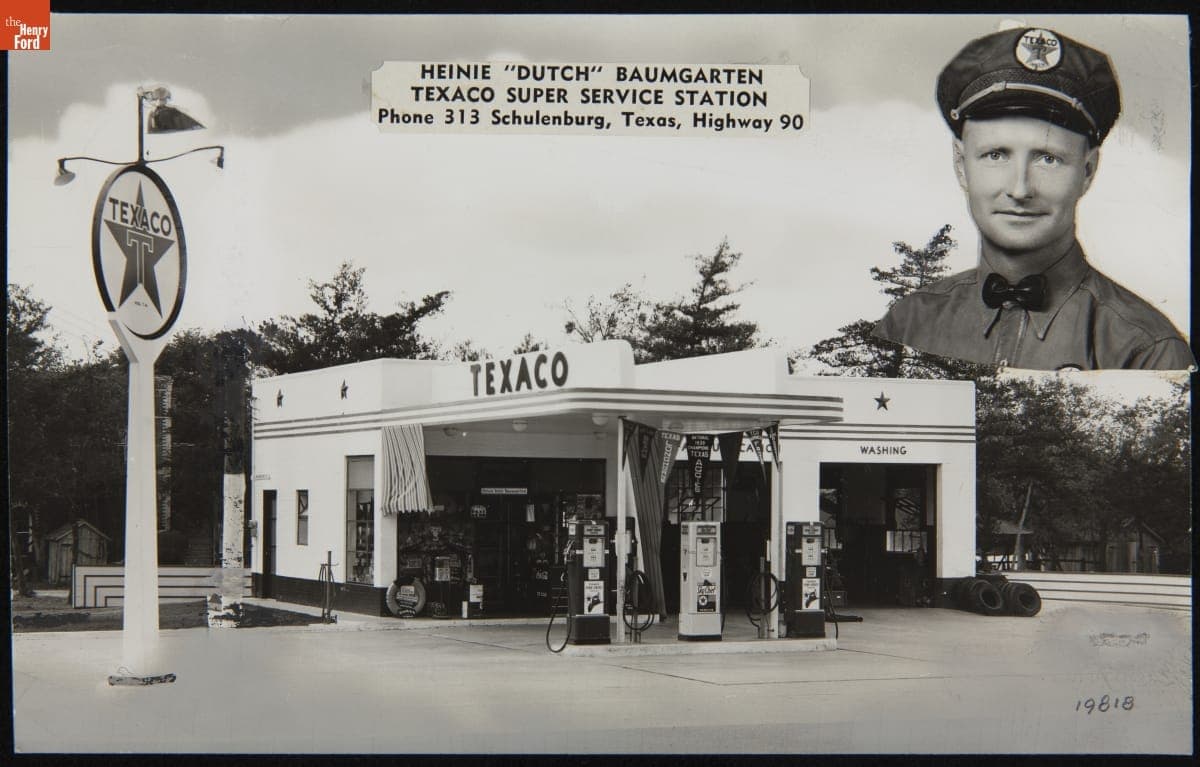 Heinie "Dutch" Baumgarten with His Texaco Super Service Station, Schulenberg, Texas, 1940-1950