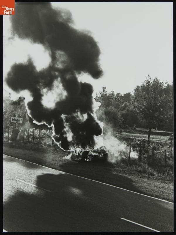 Ford GT40 on Fire during 24 Hours of Le Mans Race, June 1964