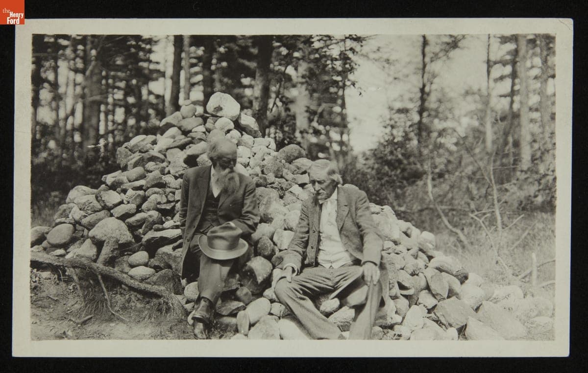 John Burroughs and Frank Sanford at the site of Thoreau's Walden Pond Cabin, 1913