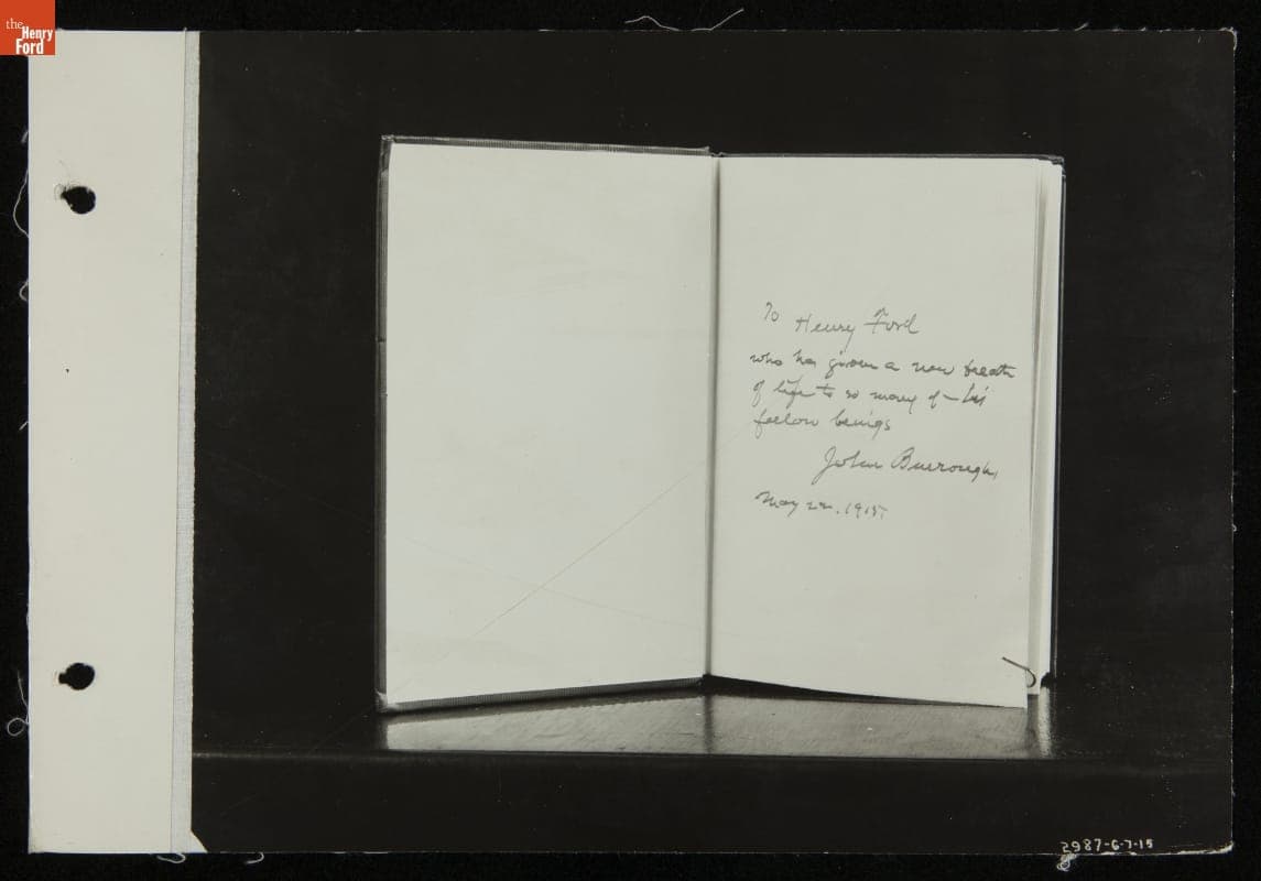 Inscription to Henry Ford from John Burroughs in His Book "Breath of Life," 1915