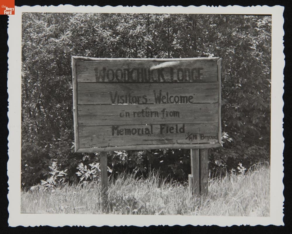 Sign to Woodchuck Lodge from Memorial Field, Roxbury, New York, 1944