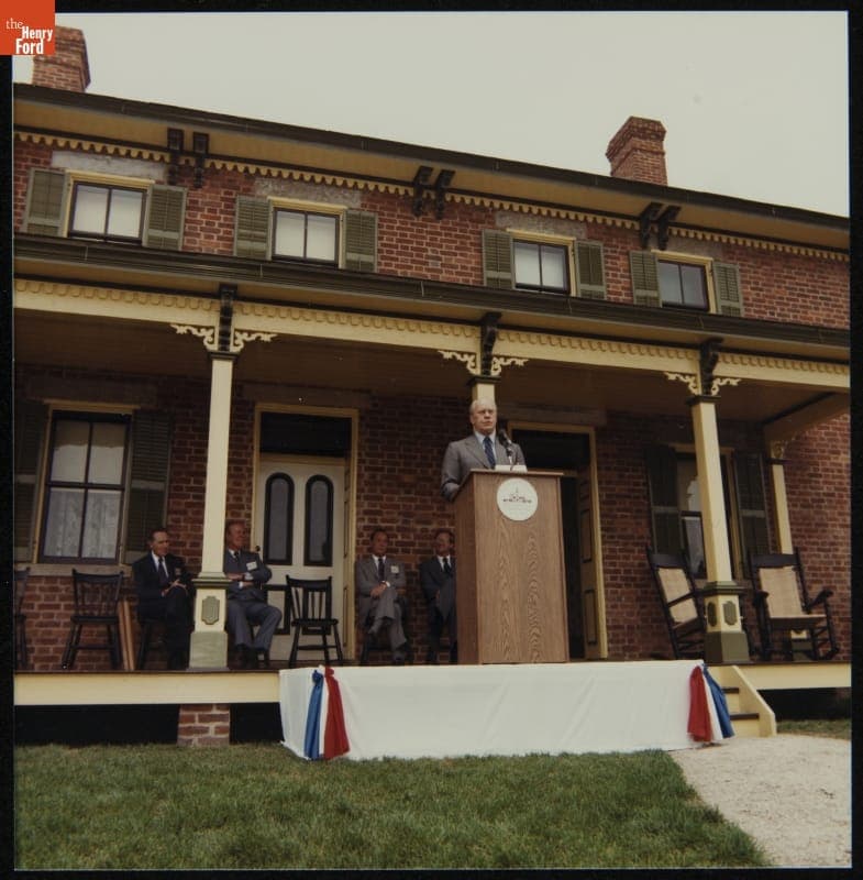 Gerald Ford, William Clay Ford, Harold Skramstad, and Leonard and Raymond Firestone at the Firestone Farm Dedication Ceremony, June 29, 1985