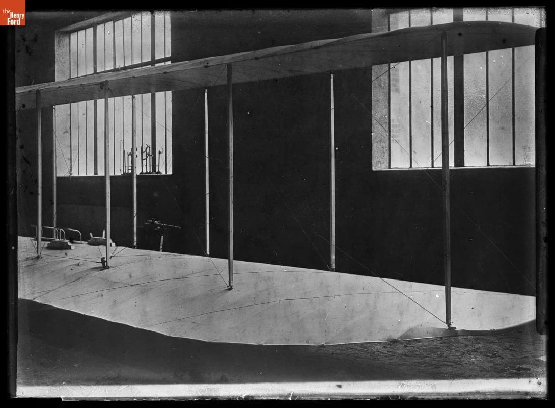 Wing of the Wright Flyer inside the Bollee Factory, Le Mans, France, 1908