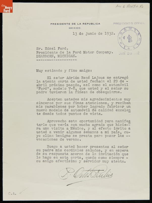 Letter from Mexican President Rubio to Edsel Ford regarding Gift of Ford Automobile, June 13, 1932