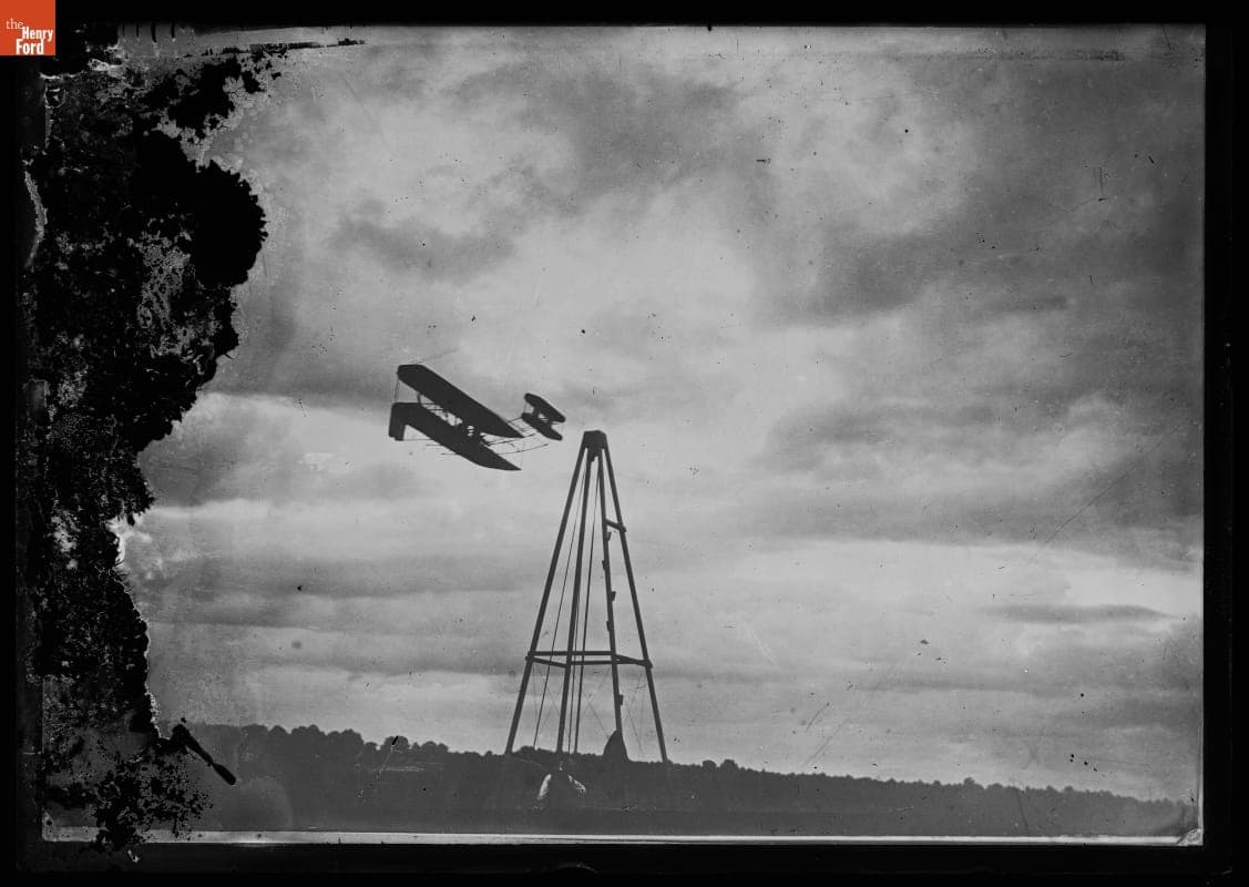 Wilbur Wright Flying near the Launching Derrick, Camp d'Auvours, near Le Mans, France, 1908