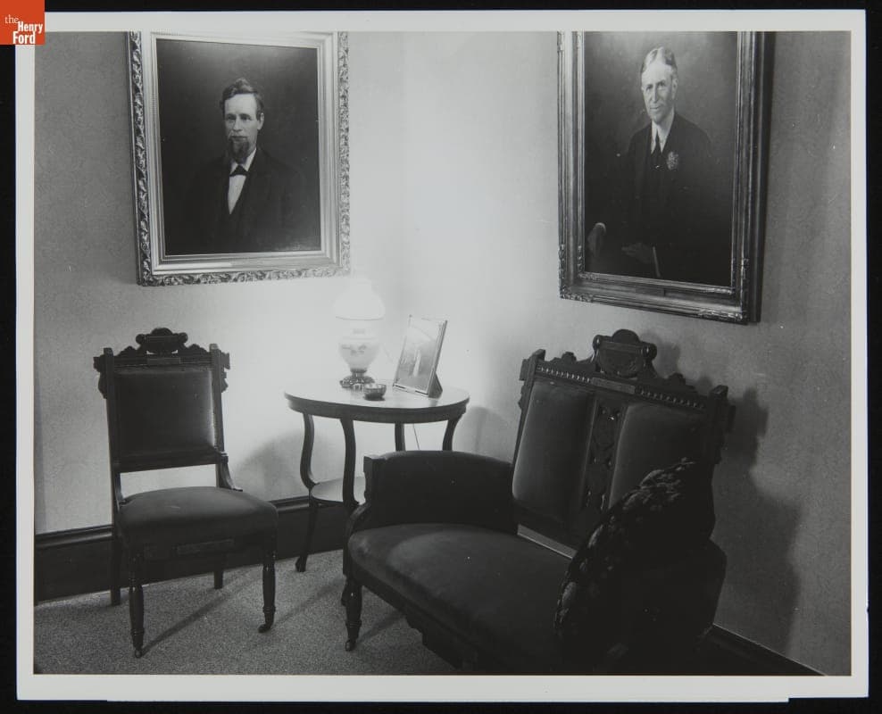 Portraits of Harvey S. Firestone and Benjamin Firestone Hang in the Parlor of Firestone Farm at its Original Site, Columbiana County, Ohio, 1965
