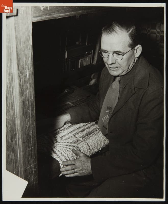 Sidney Holloway in Plymouth Carding Mill (now Gunsolly Carding Mill), Greenfield Village, circa 1949