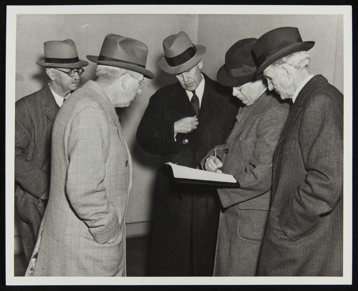 Orville Wright and Henry Ford with Greenfield Village Architect Edward Cutler in Dayton, Ohio, October 1936
