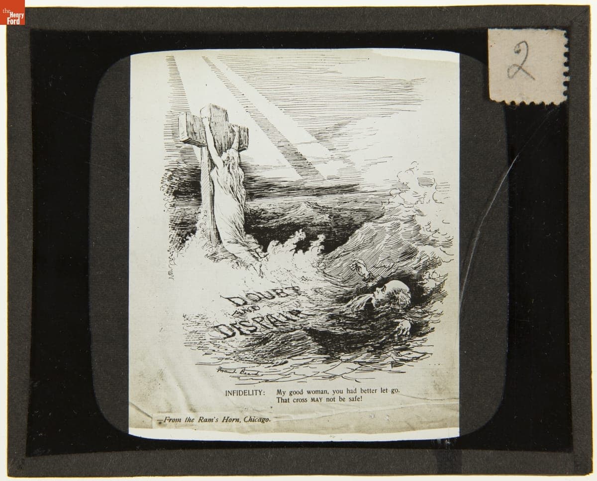 Lantern Slide, "Doubt and Despair" Cartoon from the Ram's Horn Magazine, 1890-1910