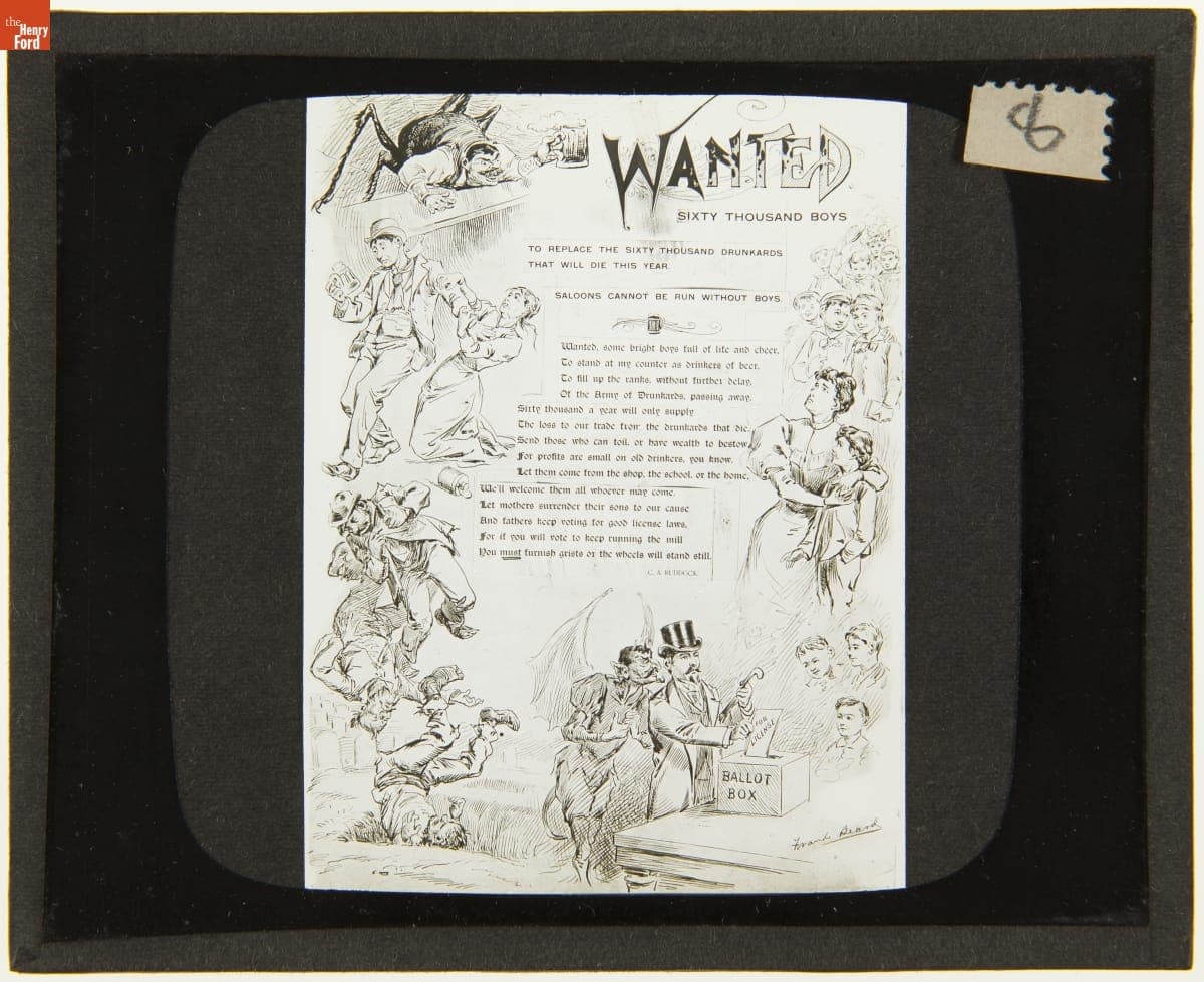 Lantern Slide, "Wanted: Sixty Thousand Boys" Cartoon, 1890-1910