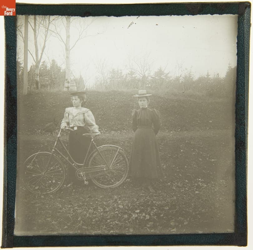 Lantern Slide, Two Young Women with a Bicycle, 1900-1910