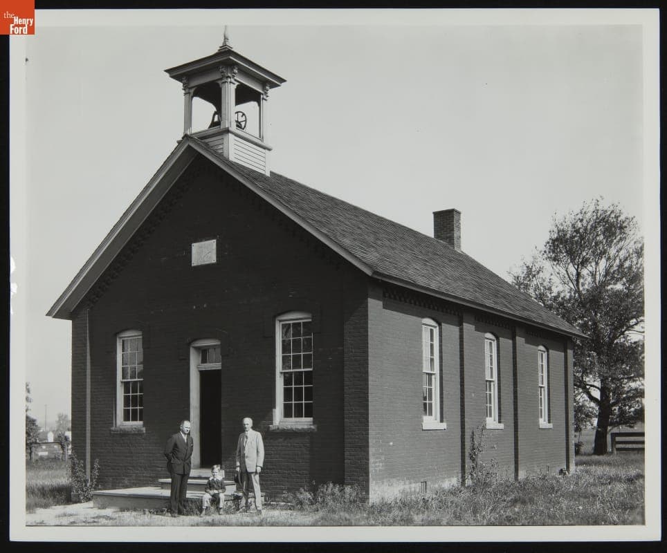 Henry Ford with Ray and John Dahlinger outside Scotch Settlement School, 1929