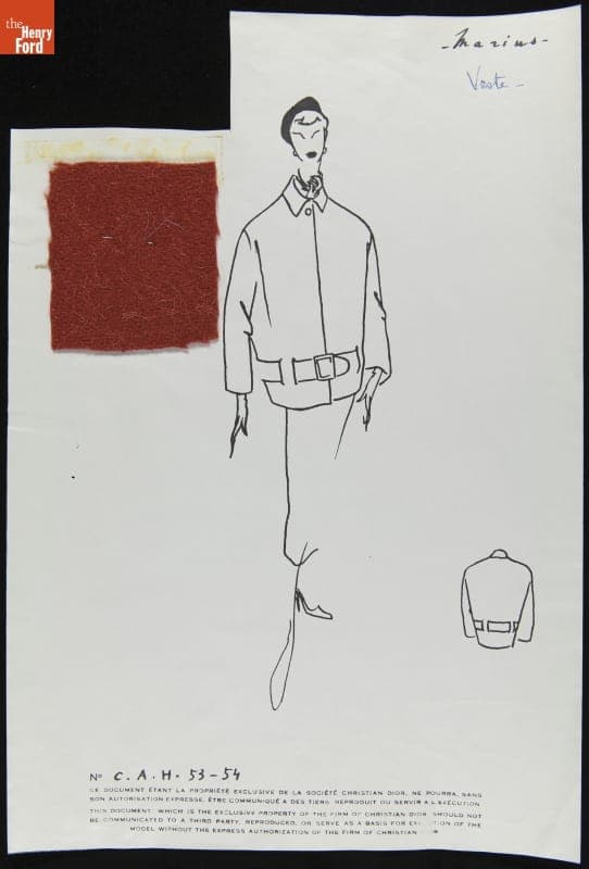 Christian Dior Fashion Design Drawing with Fabric Swatch, "Marius," 1953-1954