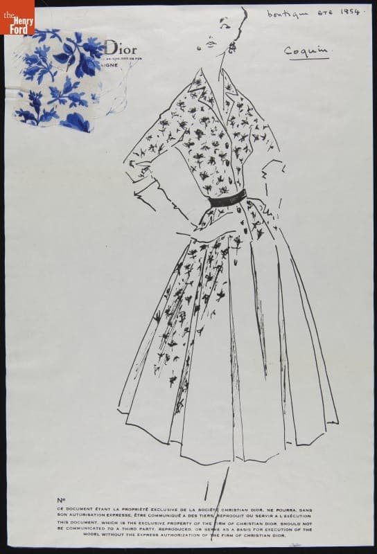 Christian Dior Fashion Design Drawing with Fabric Swatch, "Coquin," 1954