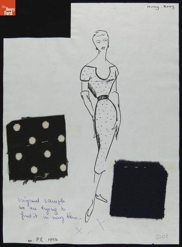 Dior Fashion Drawing with Fabric Swatches, "Hong Kong," 1953-1954