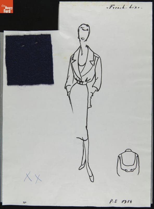 Dior Fashion Drawing with Fabric Swatches, "French Line," 1953-1954