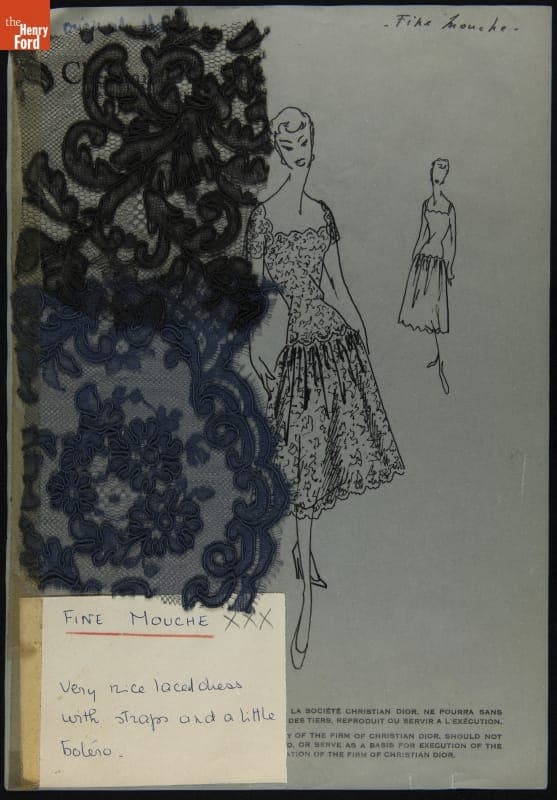 Dior Fashion Drawing with Fabric Swatches, "Fine Mouche," 1953-1954