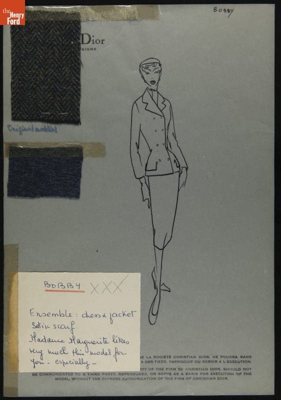 Dior Fashion Drawing with Fabric Swatches, "Bobby," 1953-1954