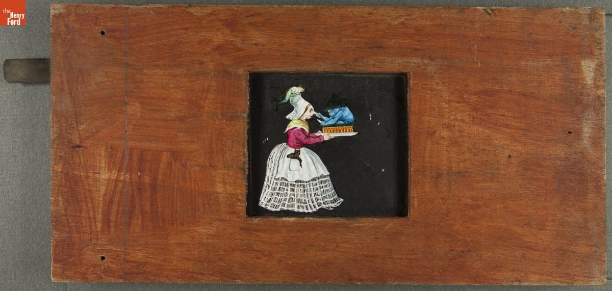 Mechanical Lantern Slide, Woman and the Pastry, 1860-1900