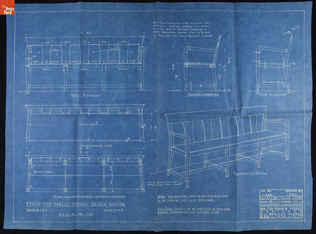 Walter Dorwin Teague Design for a Rest Bench for Use in Henry Ford Museum, September 1, 1939