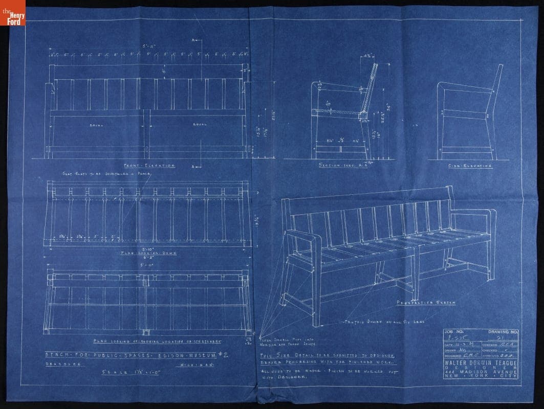 Walter Dorwin Teague Design for a Rest Bench for Use in Henry Ford Museum, October 2, 1939