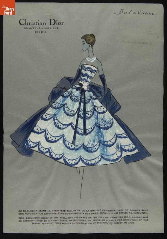 Christian Dior Fashion Design Drawing, "Bal a Vienne," 1955