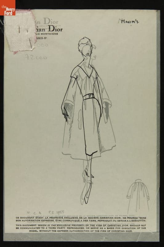 Dior Fashion Drawing with Fabric Swatches, "Maxim's," 1955