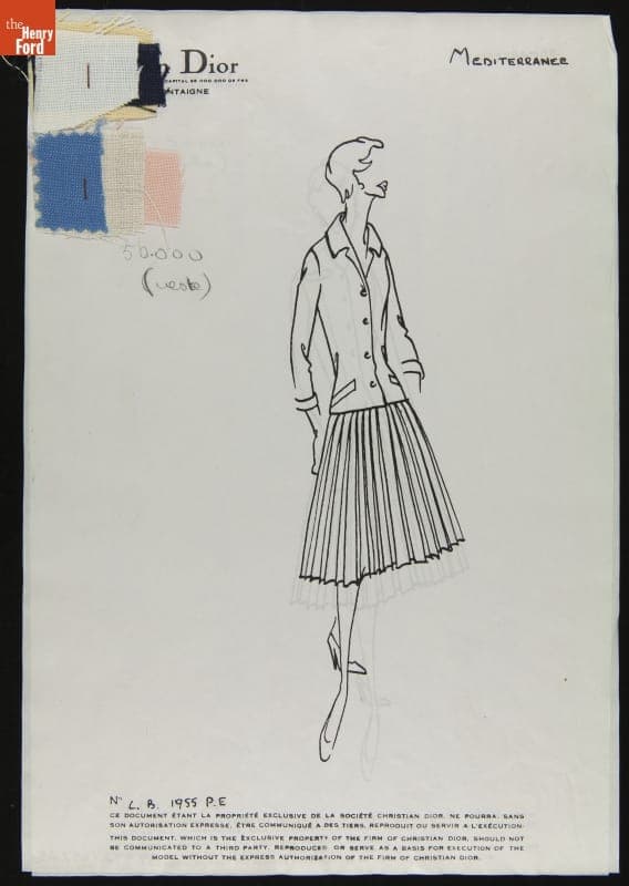 Dior Fashion Drawing with Fabric Swatches, "Mediterranee," 1955