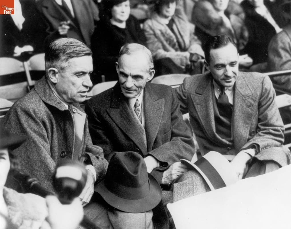 Will Rogers, Henry Ford and Edsel Ford at World Series, Navin Field, Detroit, Michigan, 1934