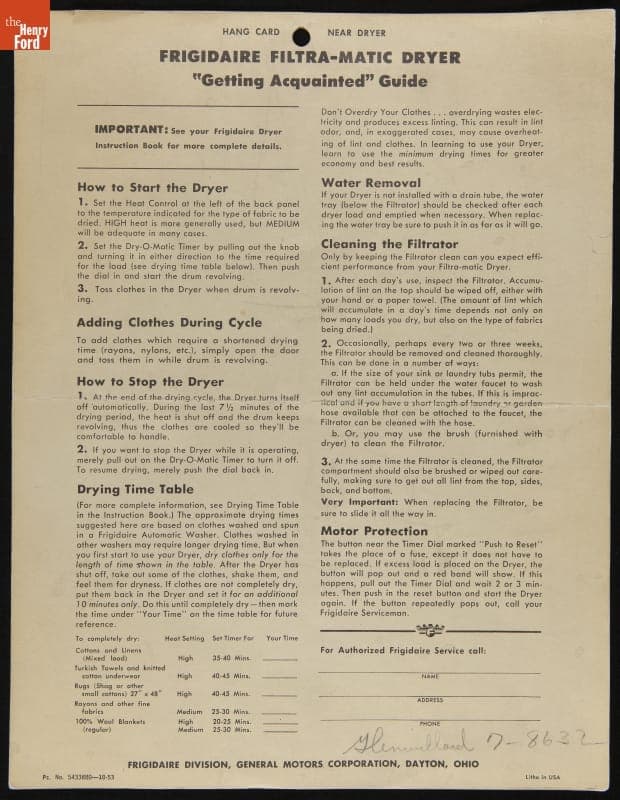 Frigidaire Filtra-matic Electric Dryer Information Card, 1953