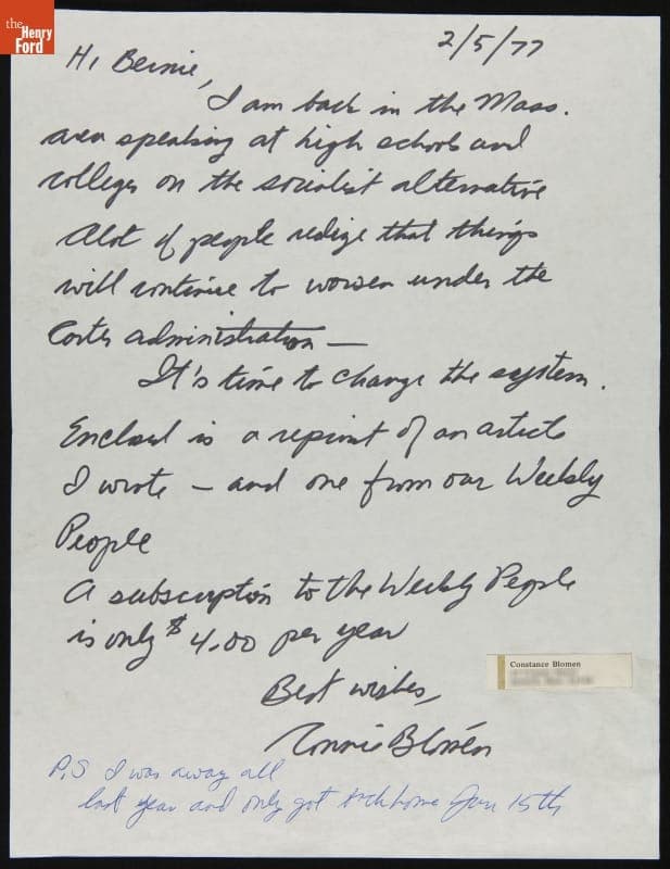 Note from Connie Blomen to Bernie Scates, February 5, 1977