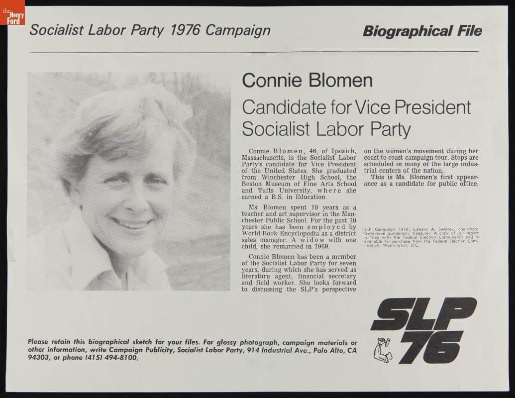 Connie Blomen Biography and Campaign Fact Sheet, 1976