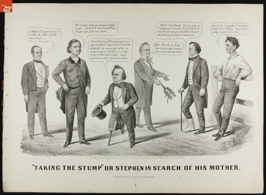 Political Cartoon, "'Taking the Stump' or Stephen in Search of His Mother," 1860