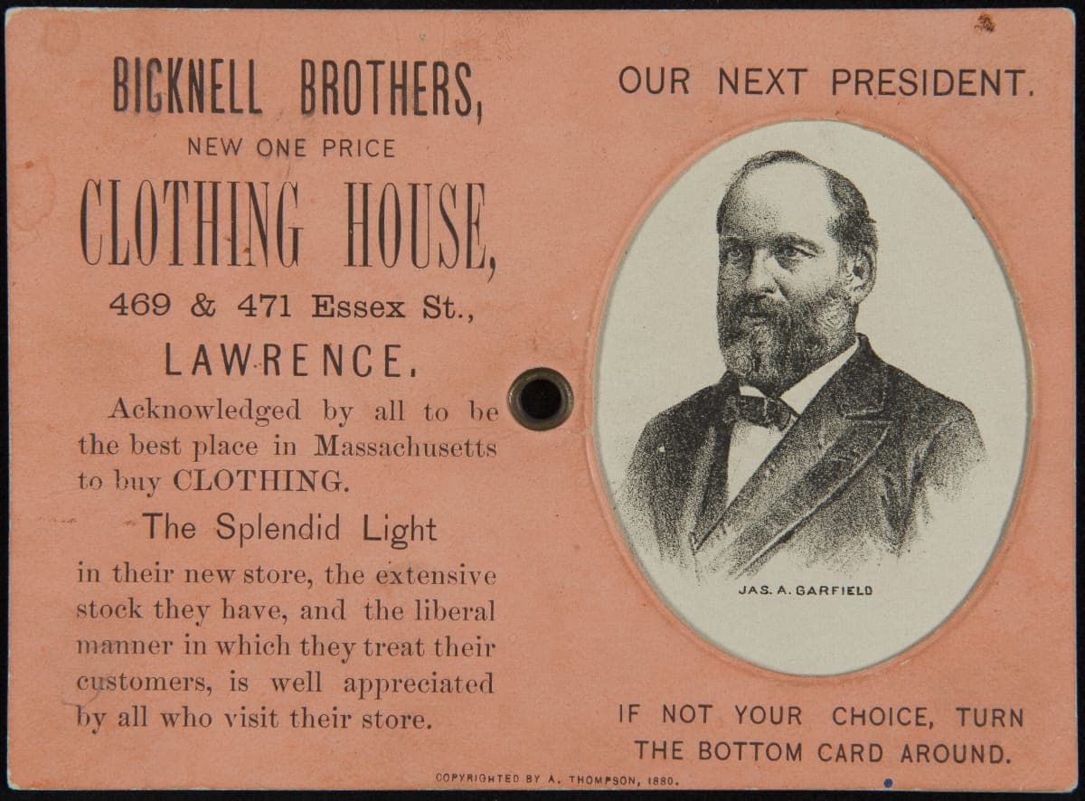 Trade Card for Bicknell Brothers Clothing House, "Our Next President," 1880