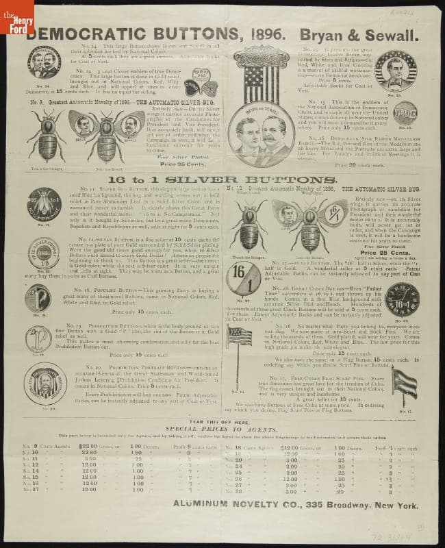 Handbill of Democratic Party and Republican Party Political Buttons for Sale, 1896