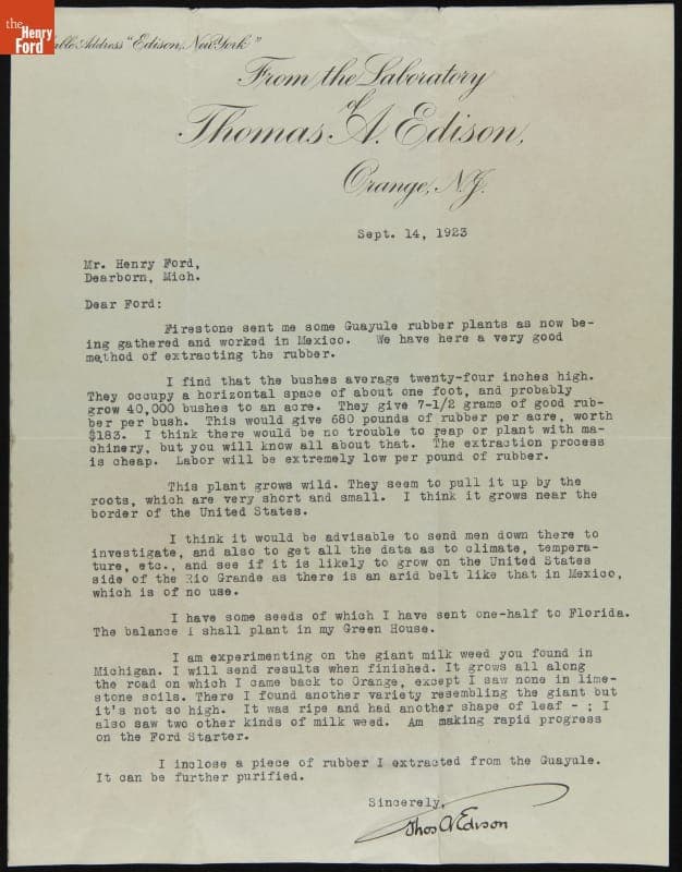 Letter from Thomas Edison to Henry Ford regarding Rubber Plant Experiments, September 20, 1923