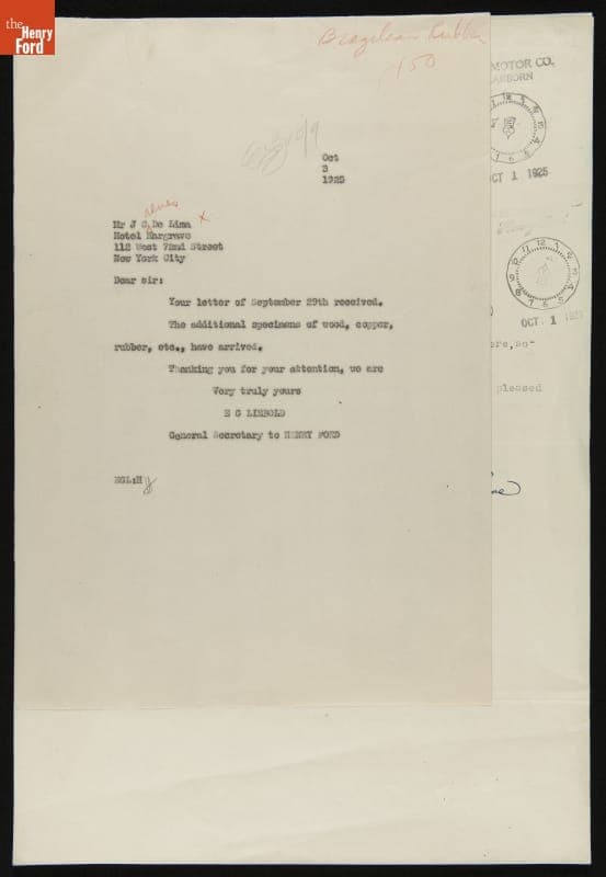 Correspondence between J.C. Alves de Lima and the Office of Henry Ford regarding Specimen Shipment, September - October, 1925