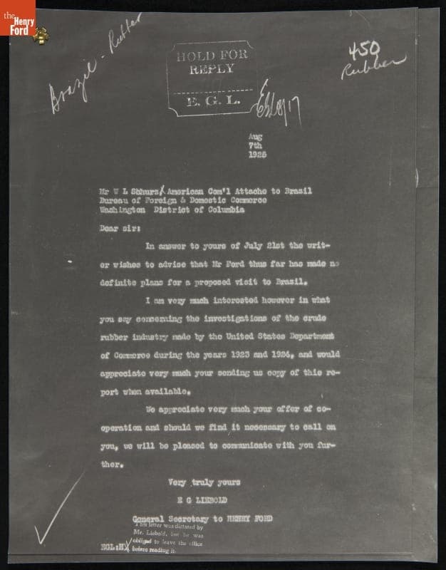 Correspondence between W.L. Schurz and the Office of Henry Ford regarding Brazil Expedition, July - August, 1925