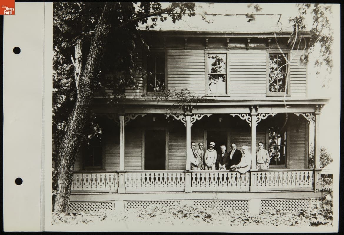 Charles Edison, Henry Ford, Anna Maria Osterhout Edison, William Meadowcroft, Thomas Edison, and Theodore Edison on the Porch of the Sarah Jordan Boarding House at its Original Site, Menlo Park, New Jersey, 1928