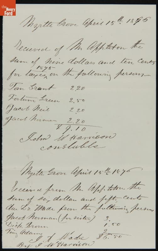 Receipt of Taxes Paid by George L. Appleton April 15, 1876
