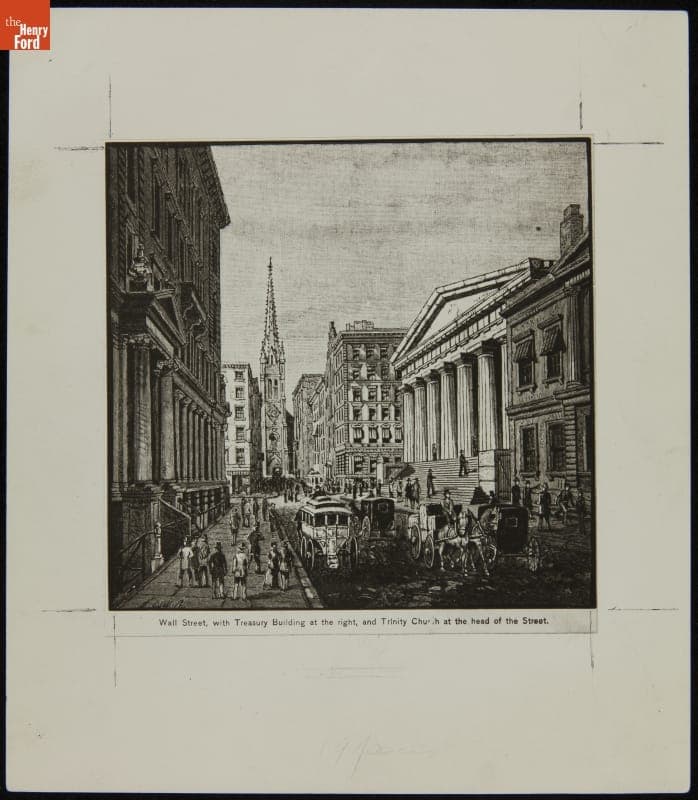 Wall Street with Treasury Building and Trinity Church, New York City, circa 1877