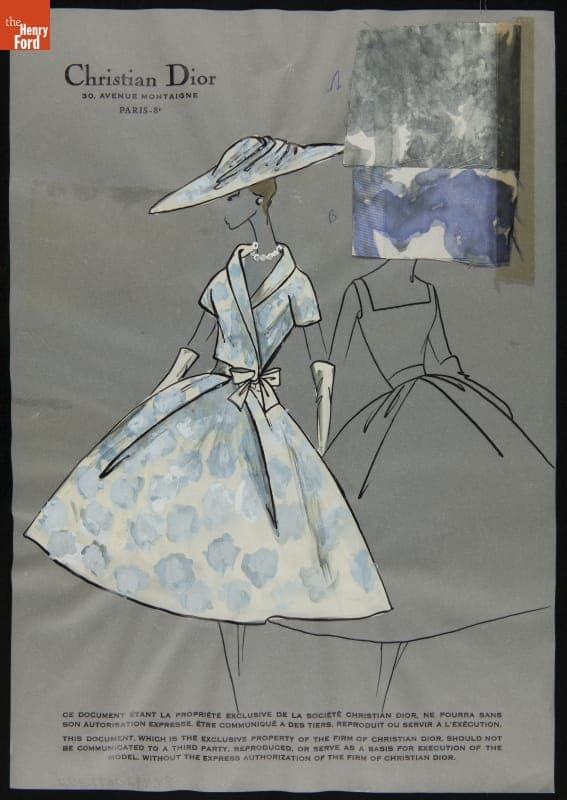 Dior Fashion Drawing with Fabric Swatches, "Untitled," 1956