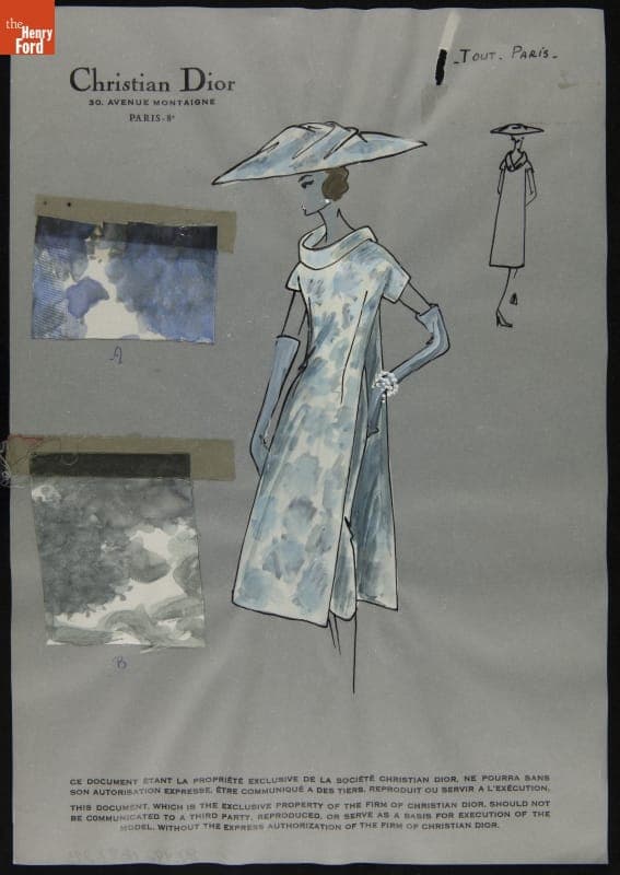 Dior Fashion Drawing with Fabric Swatches, "Tout Paris," 1956