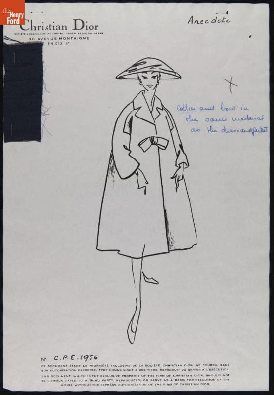 Dior Fashion Drawing with Fabric Swatches, "Anecdote," 1956