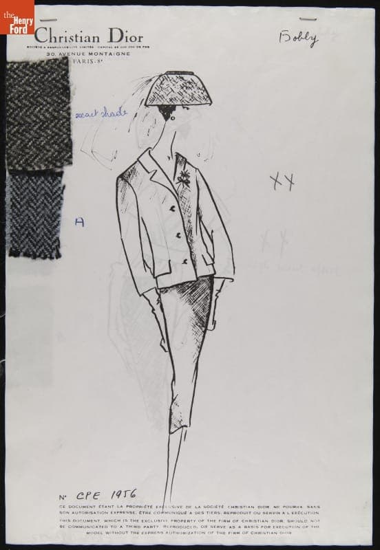 Dior Fashion Drawing with Fabric Swatches, "Bobby," 1956