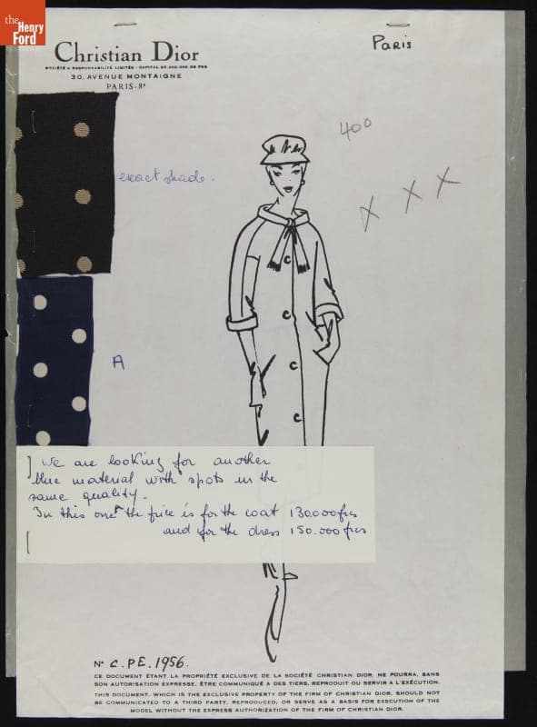 Dior Fashion Drawing with Fabric Swatches, "Paris," 1956