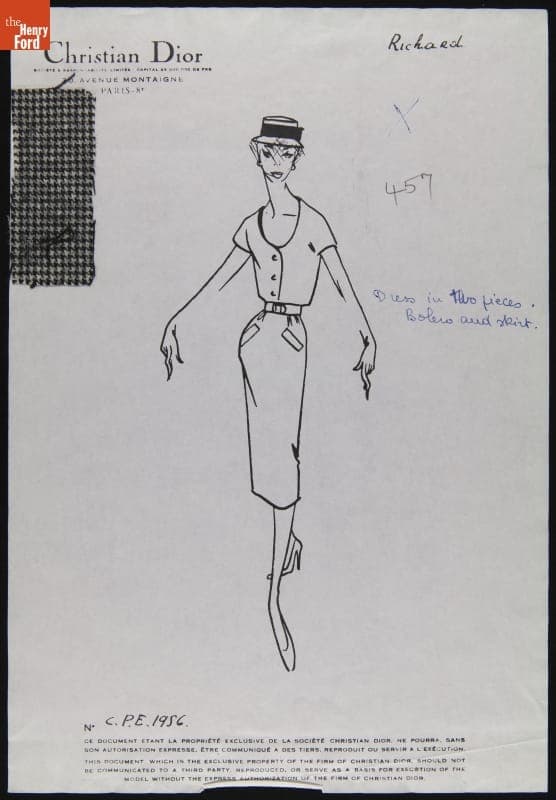 Dior Fashion Drawing with Fabric Swatches, "Richard," 1956